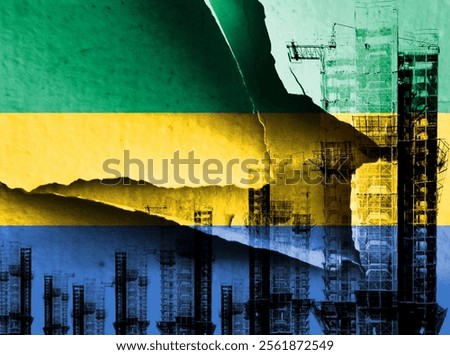 Double exposure creative full image of unfinished super high-rise building and Gabonese flag. Describe Gabon's real estate collapse, rising prices, financial instability, and inflation