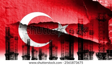 Double exposure creative full image of unfinished super high-rise building and Turkish flag. Describing Türkiye's real estate collapse, rising prices, financial instability, and inflation