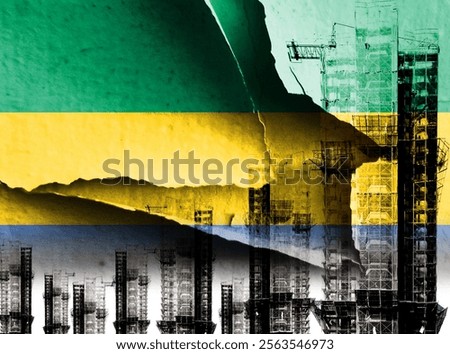 Double exposure creative full image of unfinished super high-rise building and Gabonese flag. Describe Gabon's real estate collapse, rising prices, financial instability, and inflation
