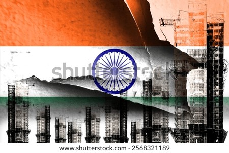 Double exposure creative full image of unfinished super high-rise building and Indian flag. Describe India's real estate crash, price increases, financial instability and inflation