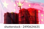 Double exposure creative hologram of unfinished supertall building and Chinese flag. Describe China