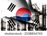 Double exposure creative hologram of unfinished super high-rise building and South Korean flag. Describing South Korea