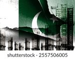 Double exposure creative hologram of unfinished super high-rise building and Pakistan flag. Describe Pakistan