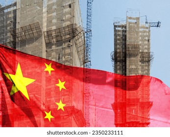 Double exposure creative hologram of unfinished supertall building and Chinese flag. Describe China's real estate collapse, bubble, financial turmoil, and China's Lehman storm - Shutterstock ID 2350233111