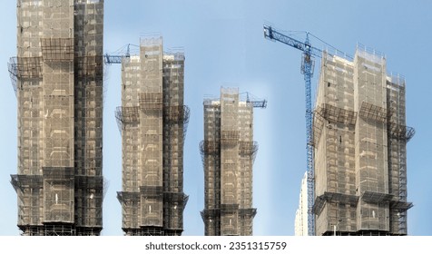 Double exposure creative hologram of an unfinished supertall building. Describe China's real estate crash, bubble, financial turmoil and China's Lehman storm