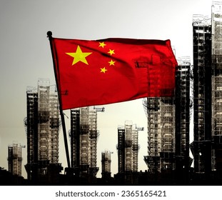 Double exposure creative hologram of unfinished supertall building and Chinese flag. Describe China's real estate collapse, bubble, financial turmoil, and China's Lehman storm      - Shutterstock ID 2365165421