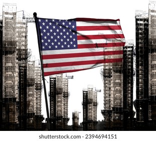 Double exposure creative hologram of unfinished super high-rise building and American flag. Describe the U.S. housing crash, rising prices, financial instability, and inflation       - Shutterstock ID 2394694151