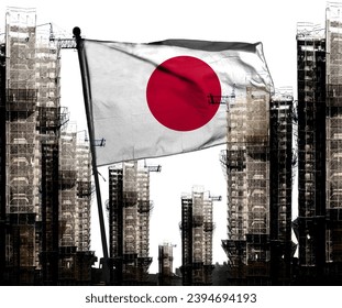 Double exposure creative hologram of unfinished super high-rise building and Japanese flag. Describe Japan's real estate collapse, rising prices, financial turmoil, and inflation         - Shutterstock ID 2394694193