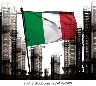 Double exposure creative hologram of unfinished super high-rise building and Italian flag. Describing the Italian real estate crash, rising prices, financial turmoil, and inflation         - Shutterstock ID 2394786909