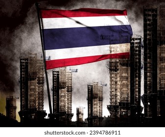 Double exposure creative hologram of unfinished super high-rise building and Thai flag. Describe Thailand's real estate collapse, rising prices, financial turmoil, and inflation        - Shutterstock ID 2394786911