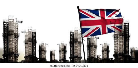 Double exposure creative hologram of unfinished super high-rise building and Union Jack. Describing the UK housing crash, rising prices, financial turmoil and inflation      - Powered by Shutterstock