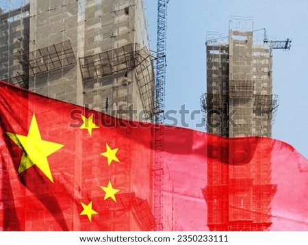 Double exposure creative hologram of unfinished supertall building and Chinese flag. Describe China's real estate collapse, bubble, financial turmoil, and China's Lehman storm