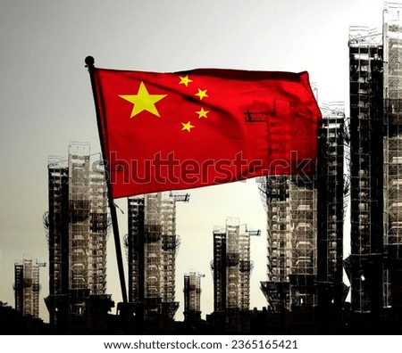 Double exposure creative hologram of unfinished supertall building and Chinese flag. Describe China's real estate collapse, bubble, financial turmoil, and China's Lehman storm     