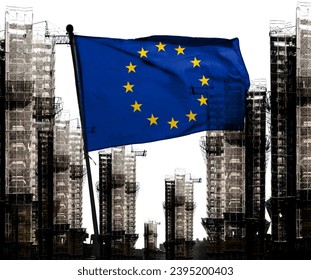 Double exposure creative holographic photo of unfinished super high-rise building and European Union flag. Describe Europe's housing crash, rising prices, financial instability and inflation       - Shutterstock ID 2395200403