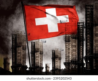 Double exposure creative holographic photo of unfinished super high-rise building and Swiss flag. Describe Switzerland's real estate crash, rising prices, financial instability and inflation          - Shutterstock ID 2395202543