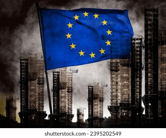 Double exposure creative holographic photo of unfinished super high-rise building and European Union flag. Describe Europe's housing crash, rising prices, financial instability and inflation       - Shutterstock ID 2395202549