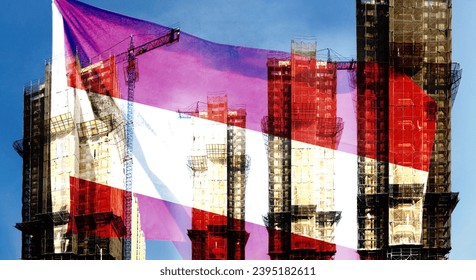 Double exposure creative holophoto of unfinished super high-rise building and Austrian flag. Describe Austria's real estate crash, price increases, financial instability and inflation - Shutterstock ID 2395182611