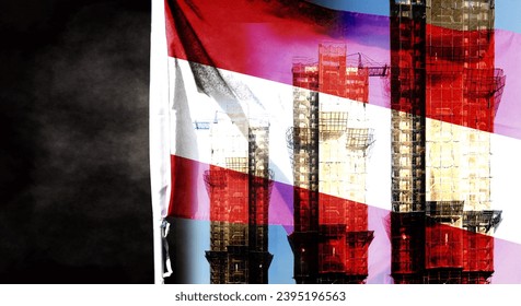 Double exposure creative holophoto of unfinished super high-rise building and Austrian flag. Describe Austria's real estate crash, price increases, financial instability and inflation - Shutterstock ID 2395196563