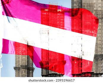 Double exposure creative holophoto of unfinished super high-rise building and Austrian flag. Describe Austria's real estate crash, price increases, financial instability and inflation - Shutterstock ID 2395196617