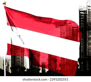 Double exposure creative holophoto of unfinished super high-rise building and Austrian flag. Describe Austria's real estate crash, price increases, financial instability and inflation - Shutterstock ID 2395202551