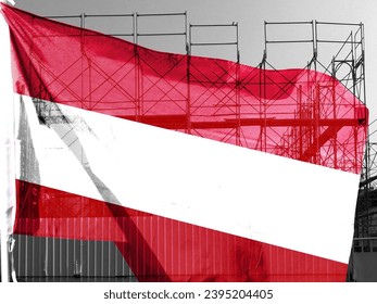 Double exposure creative holophoto of unfinished super high-rise building and Austrian flag. Describe Austria's real estate crash, price increases, financial instability and inflation - Shutterstock ID 2395204405