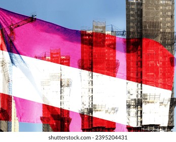 Double exposure creative holophoto of unfinished super high-rise building and Austrian flag. Describe Austria's real estate crash, price increases, financial instability and inflation - Shutterstock ID 2395204431