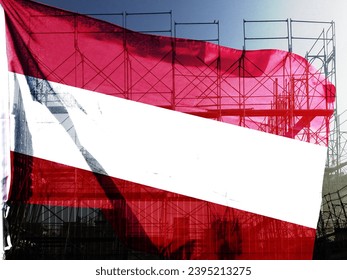 Double exposure creative holophoto of unfinished super high-rise building and Austrian flag. Describe Austria's real estate crash, price increases, financial instability and inflation - Shutterstock ID 2395213275