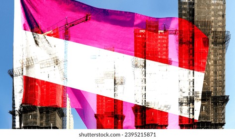 Double exposure creative holophoto of unfinished super high-rise building and Austrian flag. Describe Austria's real estate crash, price increases, financial instability and inflation - Shutterstock ID 2395215871