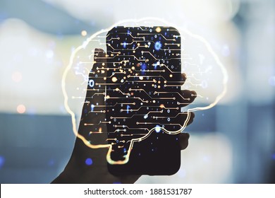 Double exposure of creative human brain microcircuit and hand with cellphone on background. Future technology and AI concept