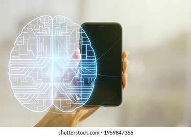 Double exposure of creative human brain microcircuit and hand with cellphone on background. Future technology and AI concept