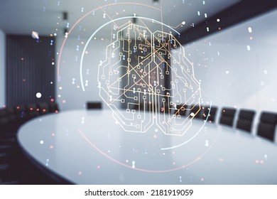 Double exposure of creative human brain microcircuit hologram on a modern boardroom background. Future technology and AI concept