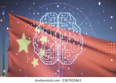 Double exposure of creative human brain microcircuit hologram on flag of China and blue sky background. Future technology and AI concept
