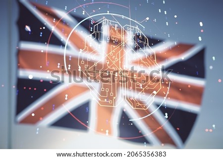 Double exposure of creative human brain microcircuit hologram on flag of Great Britain and blue sky background. Future technology and AI concept