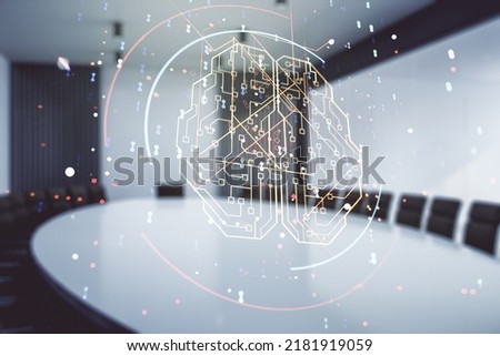 Double exposure of creative human brain microcircuit hologram on a modern boardroom background. Future technology and AI concept