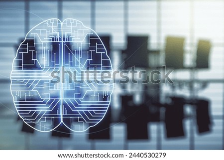 Double exposure of creative human brain microcircuit hologram on a modern boardroom background. Future technology and AI concept