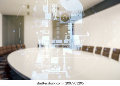 Double exposure of creative human head microcircuit hologram on a modern boardroom background. Future technology and AI concept