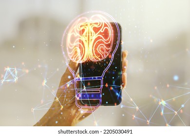 Double exposure of creative light bulb hologram with human brain and hand with cell phone on background, idea and brainstorming concept