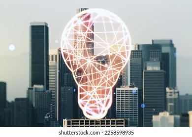 Double exposure of creative light bulb hologram on Los Angeles city skyscrapers background, research and development concept - Shutterstock ID 2258598935
