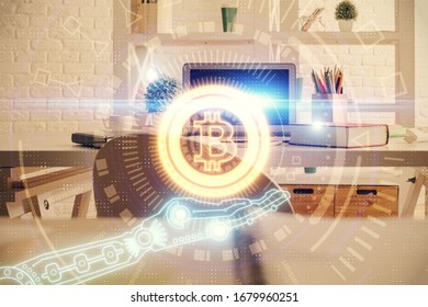 Double exposure of crypto technology theme drawing and office interior background. Concept of blockchain.