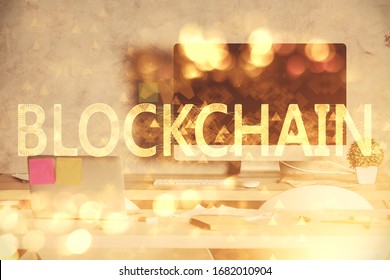 Double exposure of crypto technology theme drawing and office interior background. Concept of blockchain.
