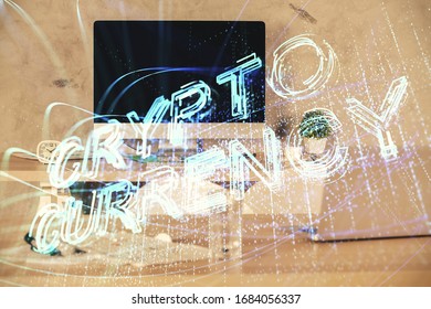 Double exposure of crypto technology theme drawing and office interior background. Concept of blockchain.