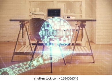 Double exposure of crypto technology theme drawing and office interior background. Concept of blockchain.