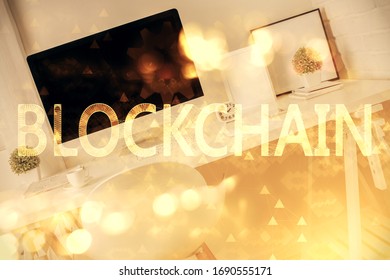Double exposure of crypto technology theme drawing and office interior background. Concept of blockchain.