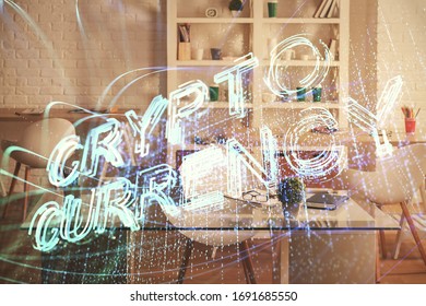 Double exposure of crypto technology theme drawing and office interior background. Concept of blockchain.
