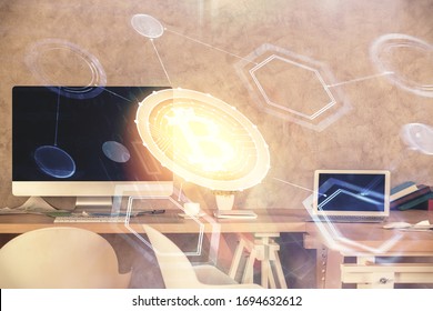 Double exposure of crypto technology theme drawing and office interior background. Concept of blockchain.