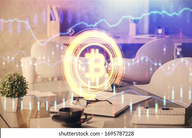 Double exposure of crypto technology theme drawing and office interior background. Concept of blockchain.
