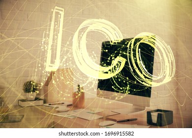 Double exposure of crypto technology theme drawing and office interior background. Concept of blockchain.