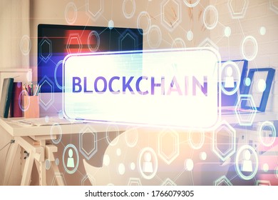 Double exposure of crypto technology theme drawing and office interior background. Concept of blockchain.