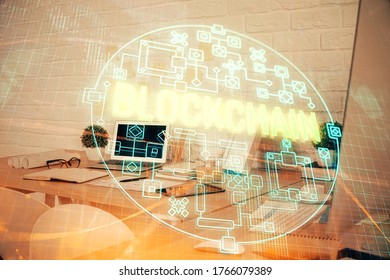 Double exposure of crypto technology theme drawing and office interior background. Concept of blockchain.
