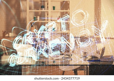 Double exposure of crypto technology theme drawing and office interior background. Concept of blockchain.
